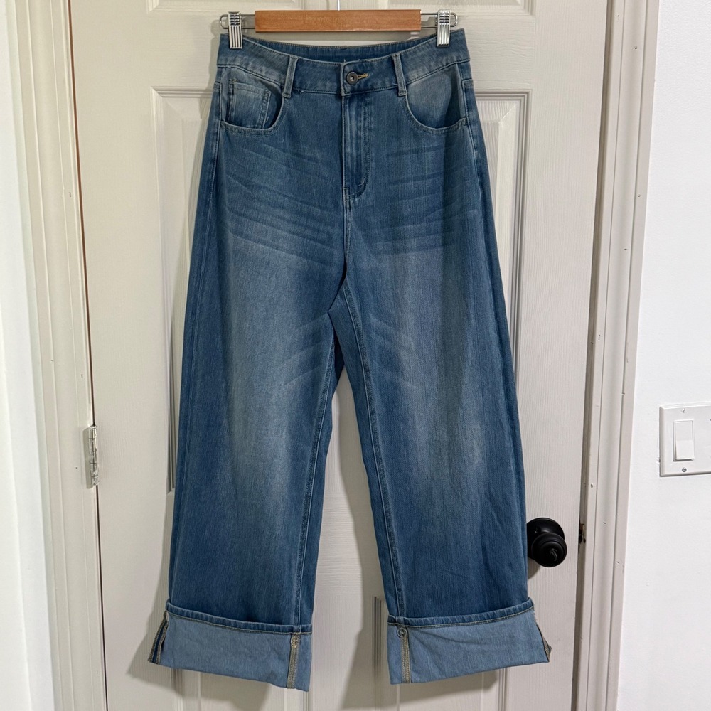 Halara Flex Wide Leg Jeans Women Small Blue Adjustable Hem NWT Stretch Denim